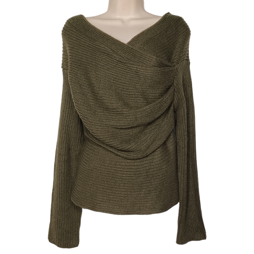 MIRACLE USA Olive Green Knit Long Sleeve Stretchy Drape Sweater Top M/L